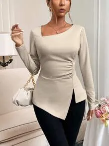 IRREGULAR HEM PLEATED LONG SLEEVE T-SHIRT