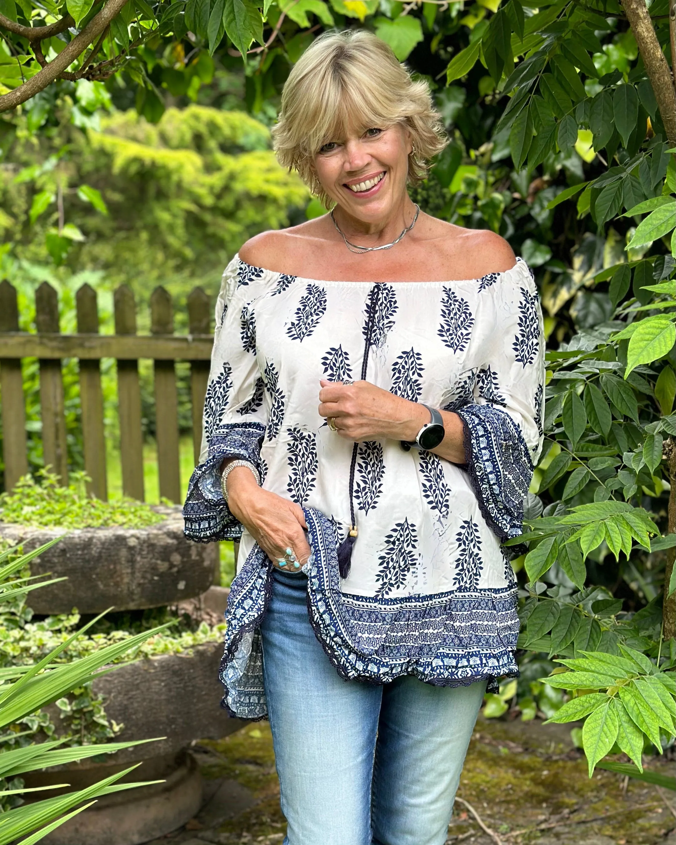 Leaf Printed Frilled Top - Cream/Navy