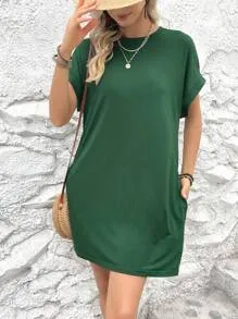 LOOSE FIT SOLID COLOR ROUND NECK BATWING SLEEVE DRESS