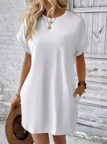 LOOSE FIT SOLID COLOR ROUND NECK BATWING SLEEVE DRESS