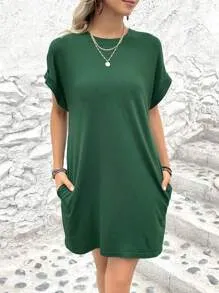 LOOSE FIT SOLID COLOR ROUND NECK BATWING SLEEVE DRESS