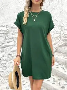 LOOSE FIT SOLID COLOR ROUND NECK BATWING SLEEVE DRESS