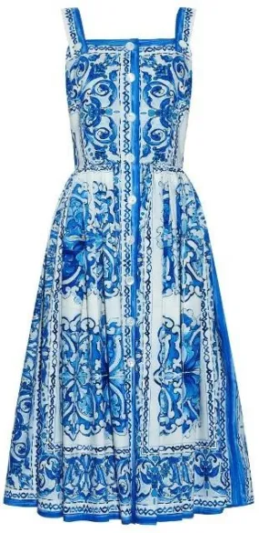 'Majolica' Print Sleeveless Dress in Blue & White