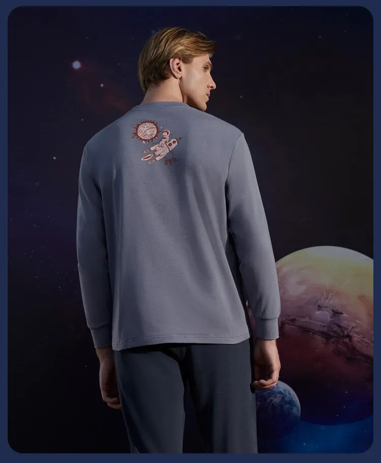 Men's Cotton Polyester Blended Space Cartoon Winter Homewear Sleepwear Set