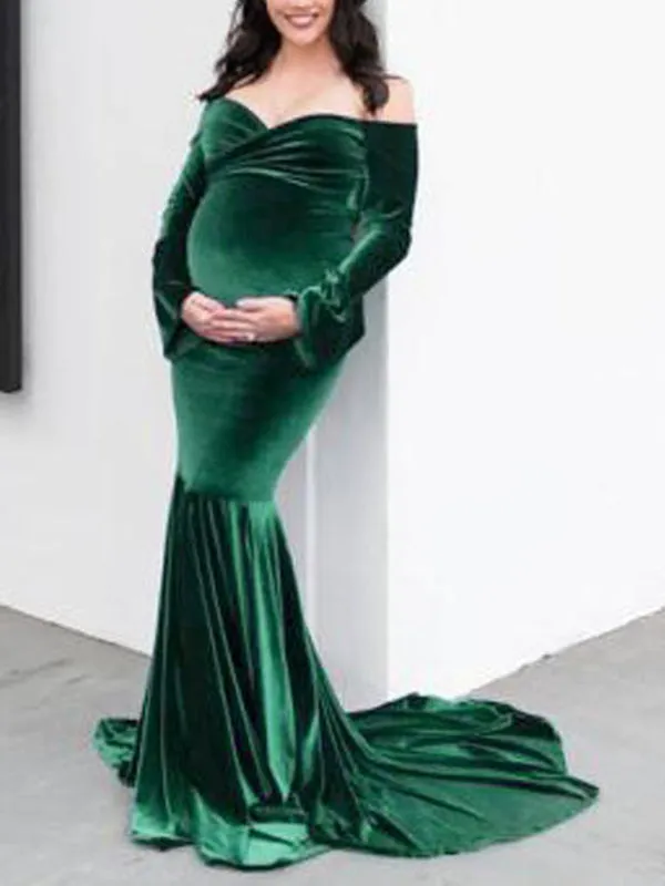 Momnfancy Velvet Off Shoulder Bodycon Mermaid Babyshower Maternity Maxi Dress