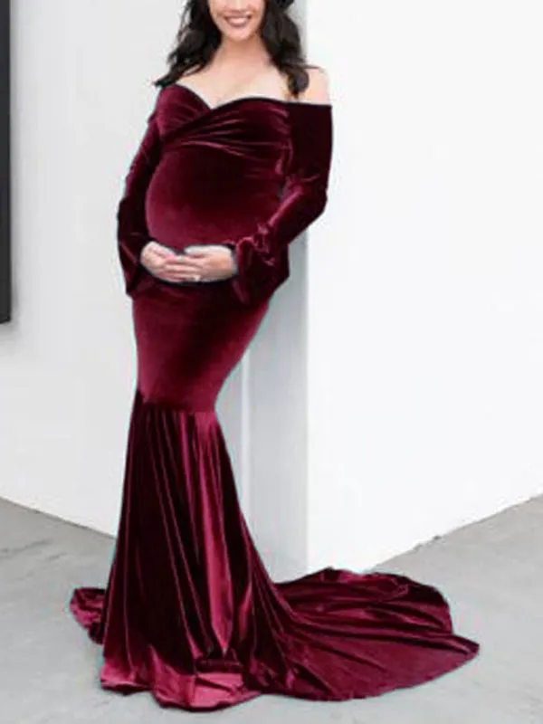 Momnfancy Velvet Off Shoulder Bodycon Mermaid Babyshower Maternity Maxi Dress