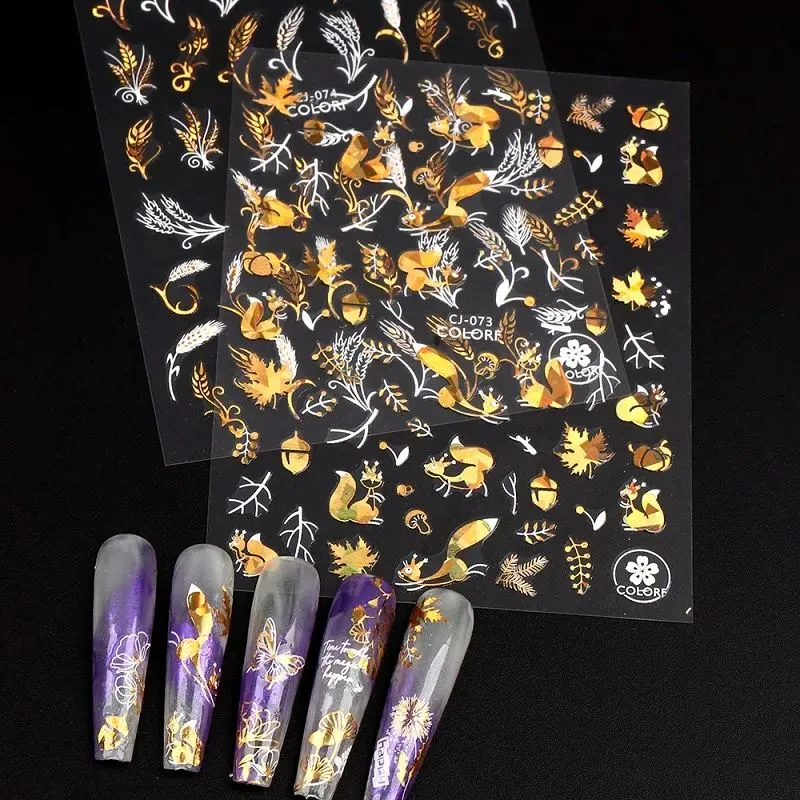 Nail Art Stickers - Autumn Leaves White & Gold