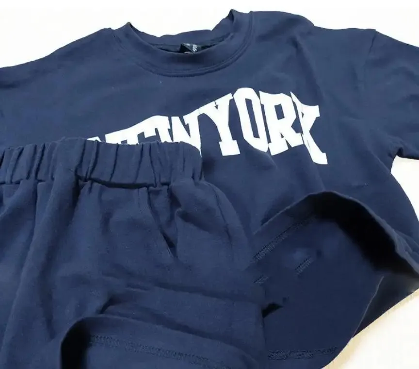 New York Grey and Navy Blue Kids Oversized Cotton T Shirt & Shorts Set