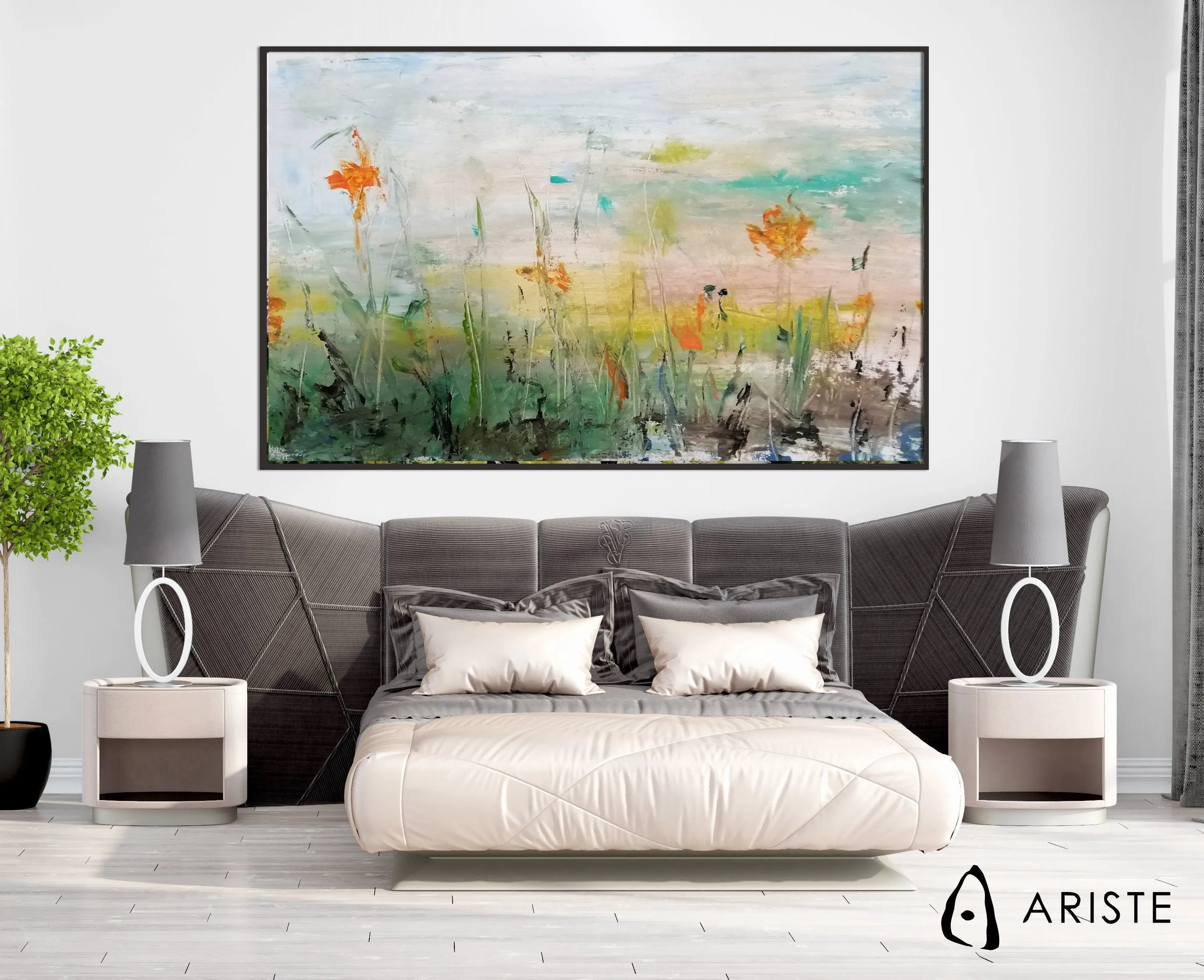 Orange & blue large abstract flower paintings made to order in a custom size