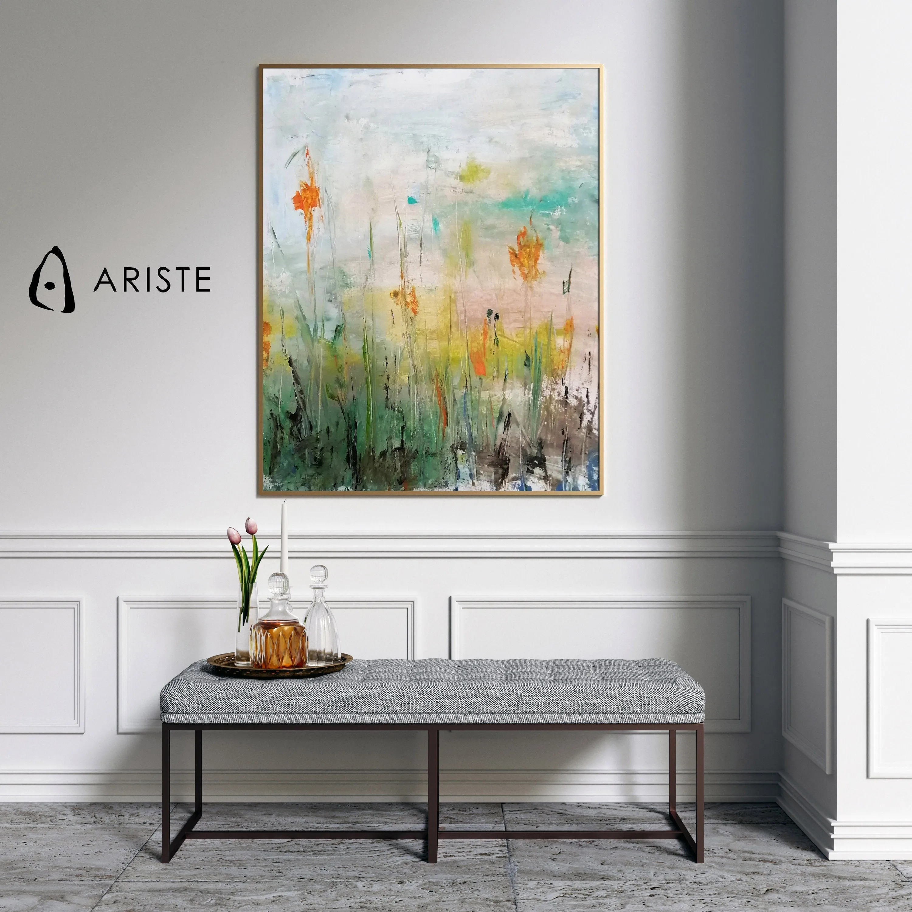 Orange & blue large abstract flower paintings made to order in a custom size