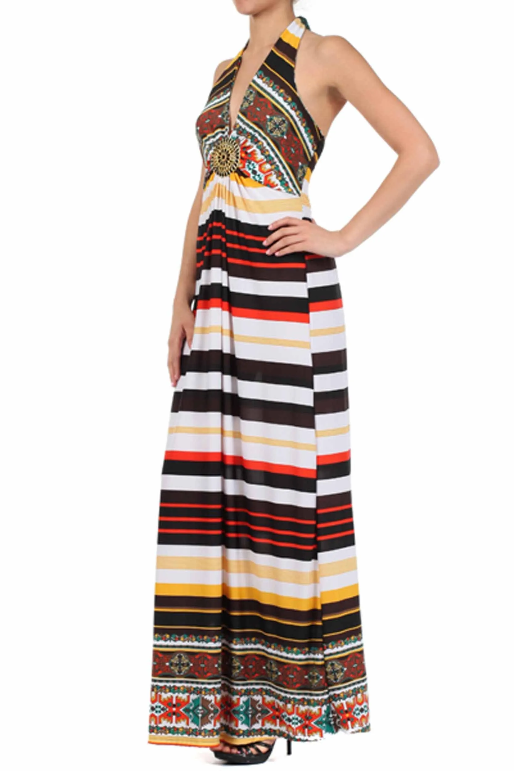 Sakkas Aztec Stripe Medallion Halter Maxi Dress