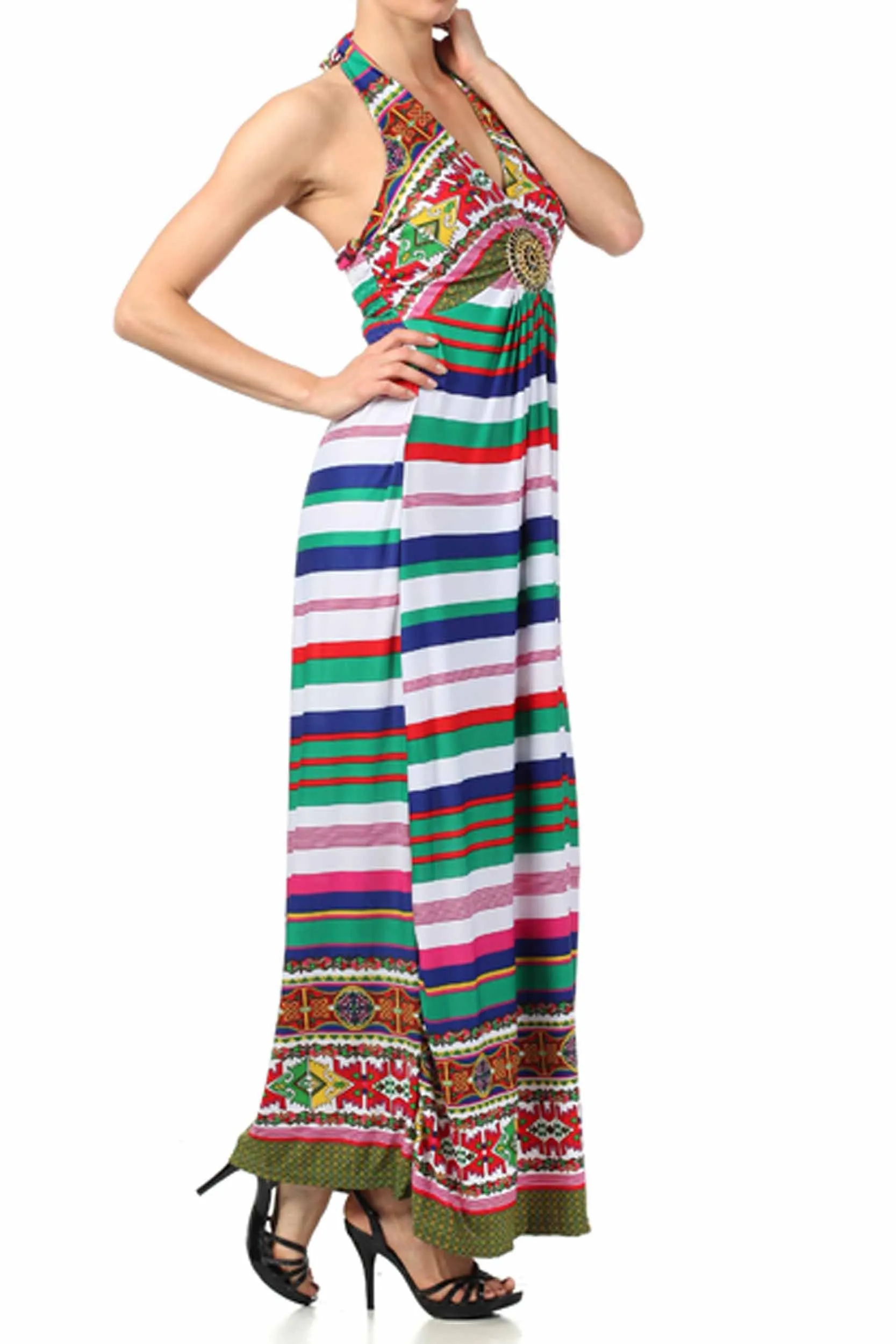 Sakkas Aztec Stripe Medallion Halter Maxi Dress