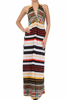 Sakkas Aztec Stripe Medallion Halter Maxi Dress