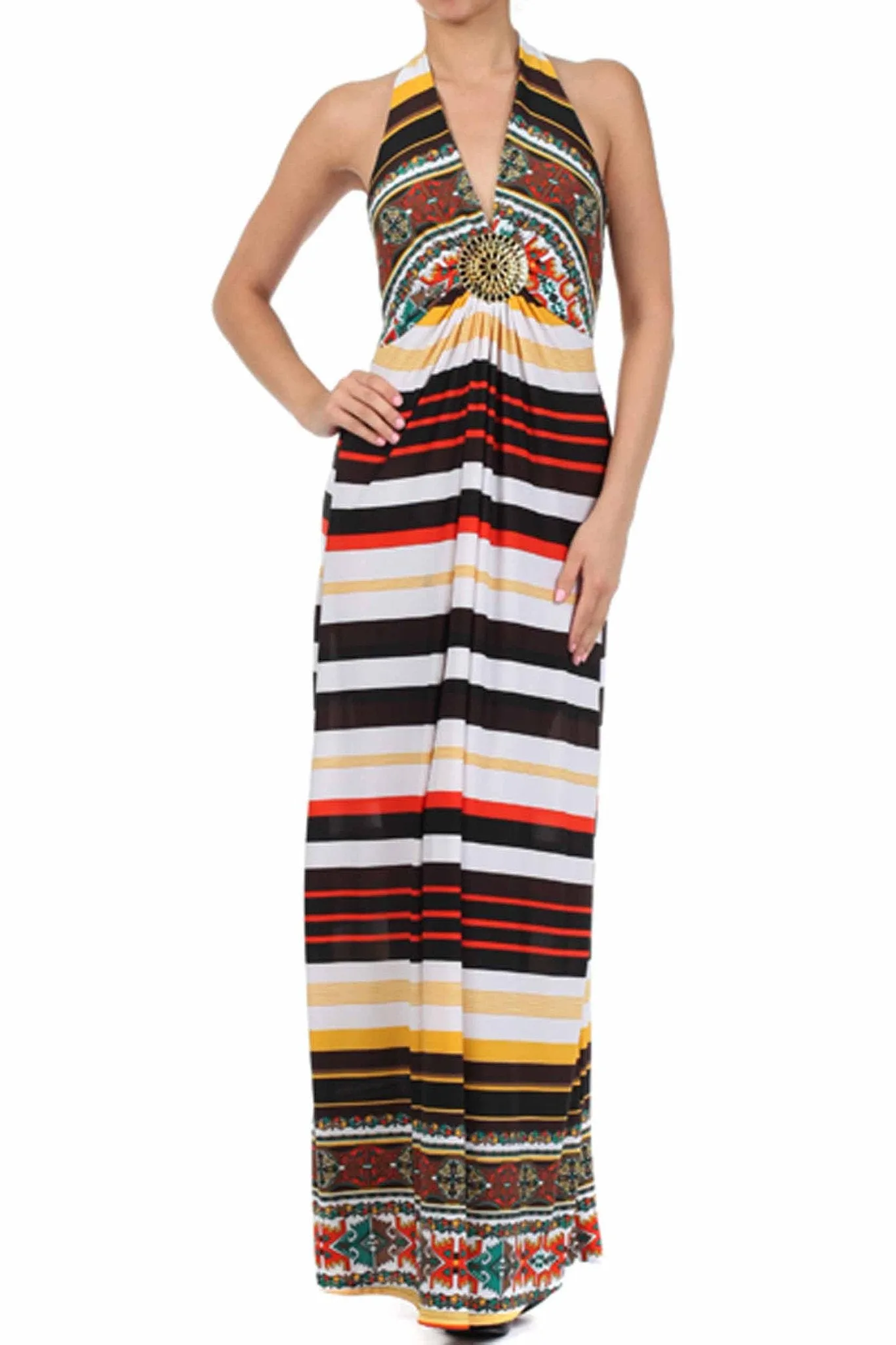 Sakkas Aztec Stripe Medallion Halter Maxi Dress