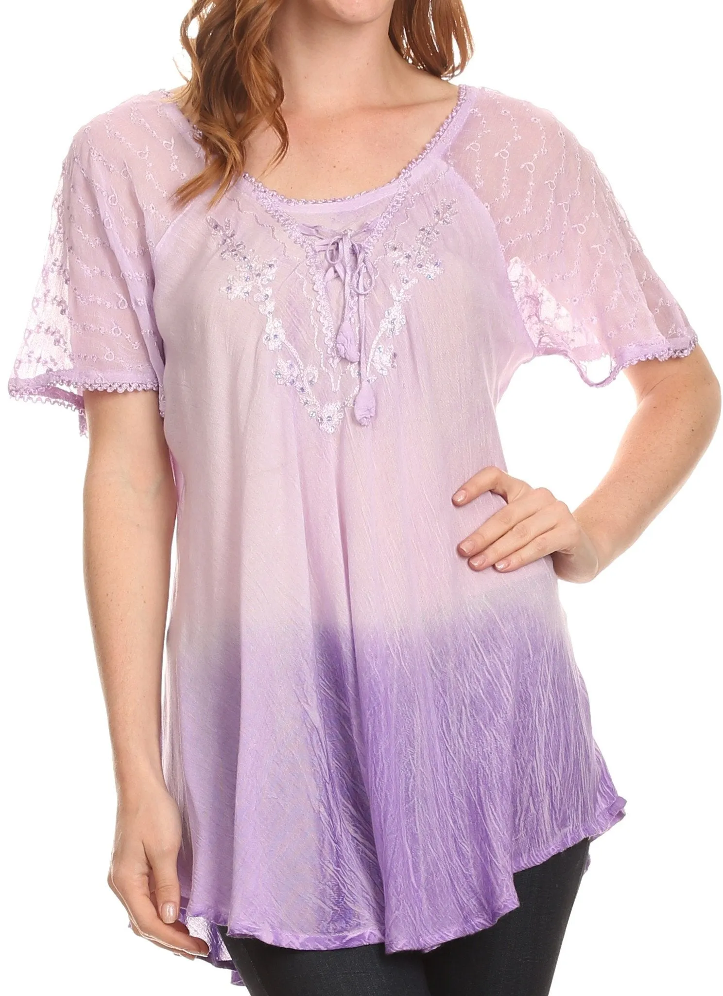 Sakkas Vilma Long Blouse With Embroidery Lace Cap Sleeves And Corset Enclosure