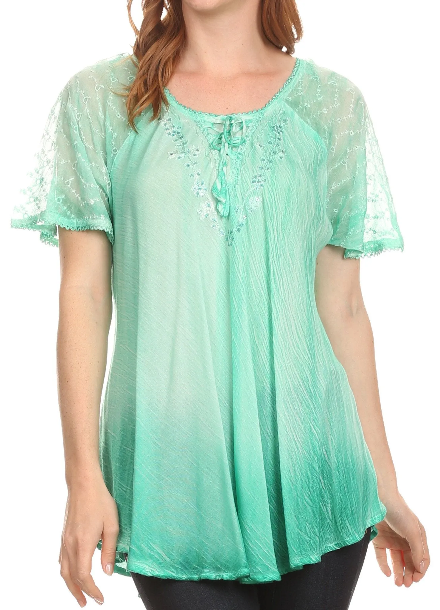 Sakkas Vilma Long Blouse With Embroidery Lace Cap Sleeves And Corset Enclosure