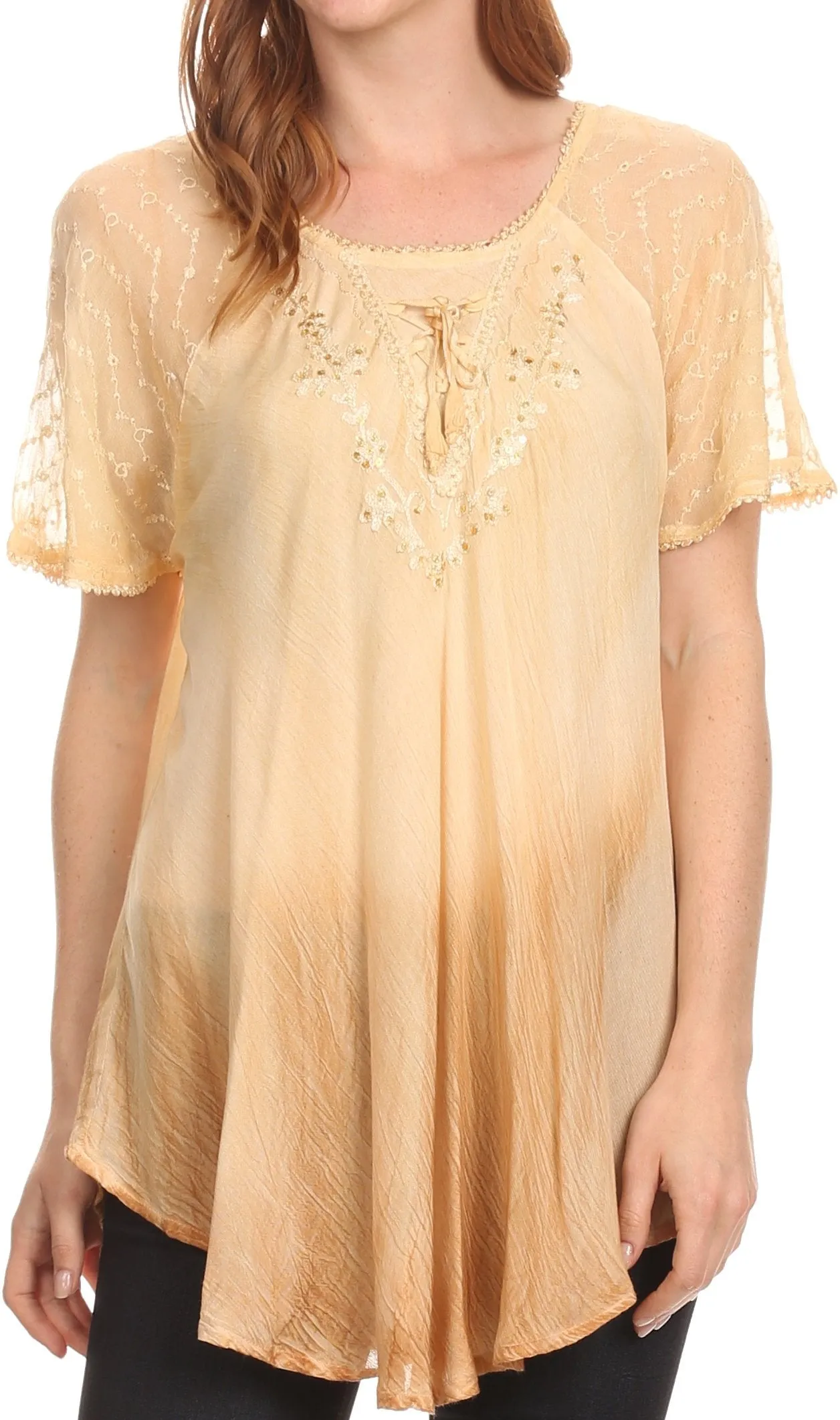 Sakkas Vilma Long Blouse With Embroidery Lace Cap Sleeves And Corset Enclosure