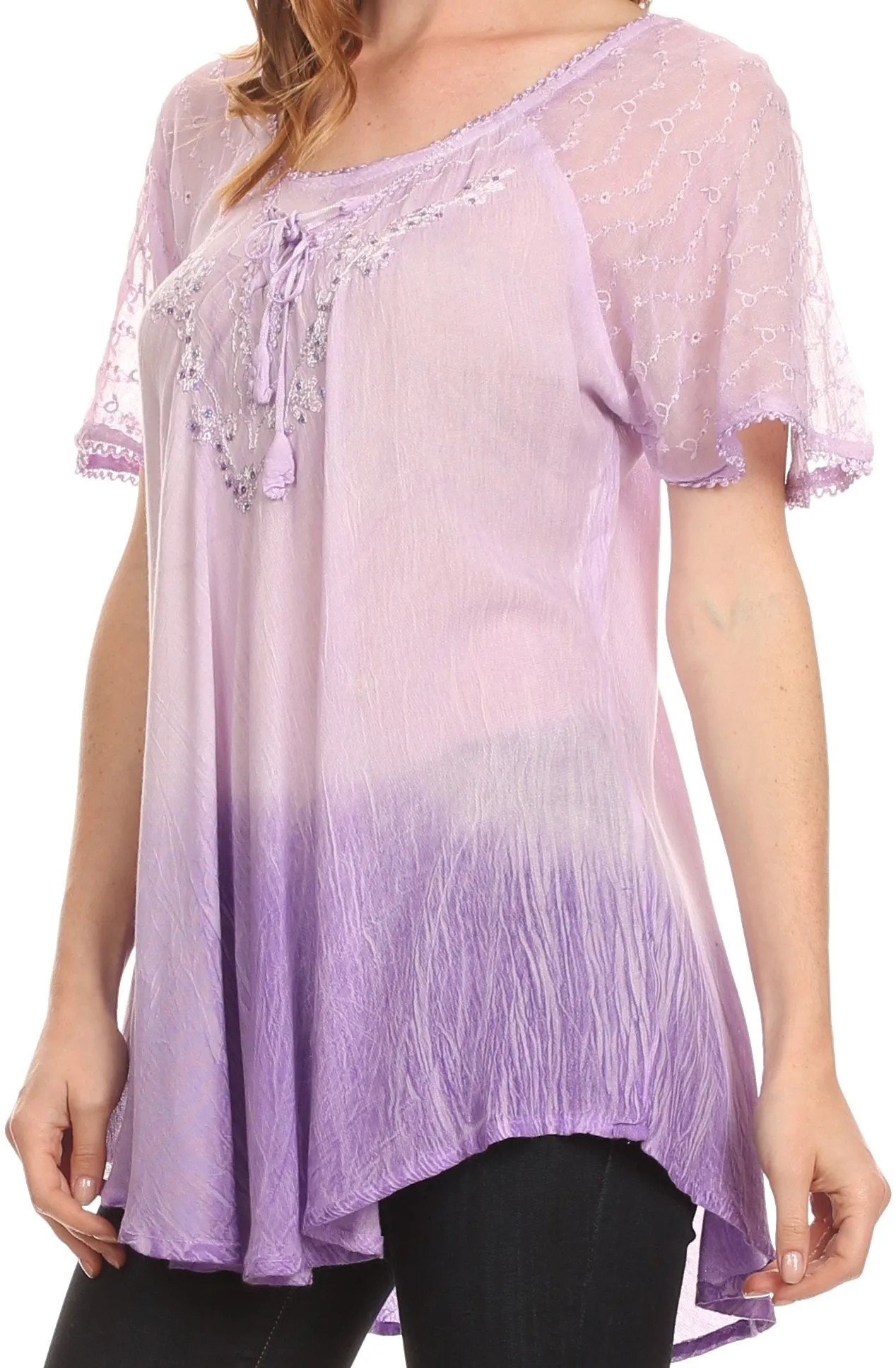 Sakkas Vilma Long Blouse With Embroidery Lace Cap Sleeves And Corset Enclosure