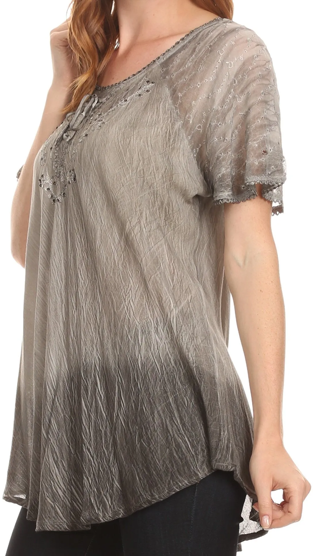 Sakkas Vilma Long Blouse With Embroidery Lace Cap Sleeves And Corset Enclosure