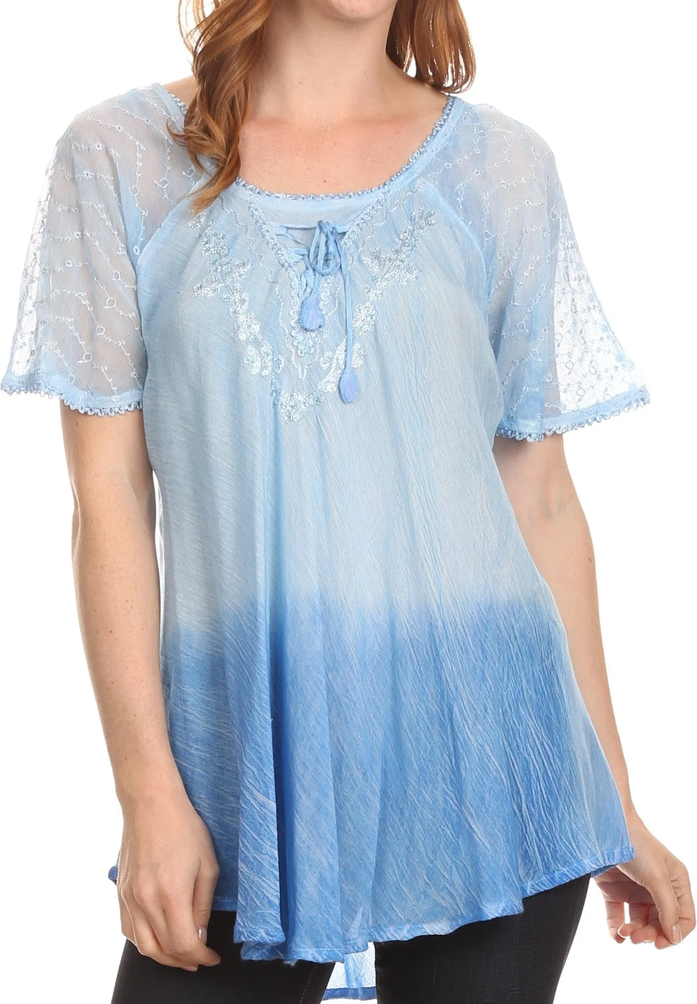 Sakkas Vilma Long Blouse With Embroidery Lace Cap Sleeves And Corset Enclosure