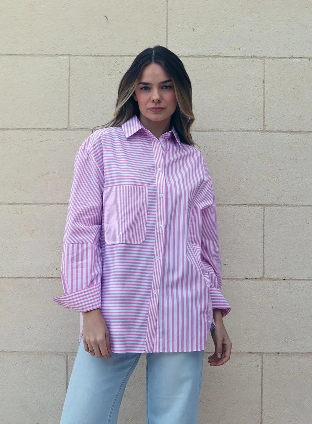 Scarlett Stripe long Sleeve Shirt-PINK