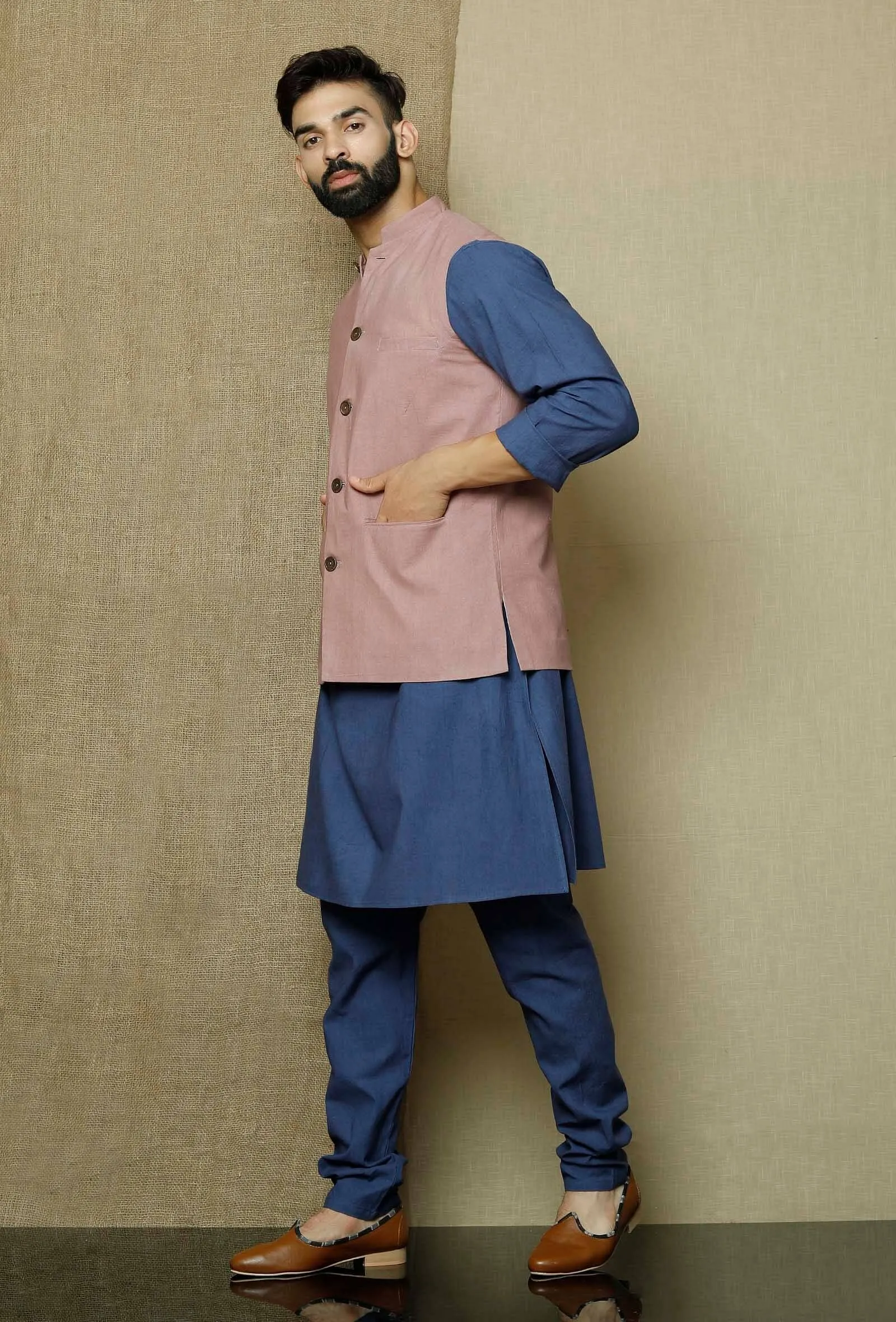 Set of 3:Ocean Blue Side Placket  Kurta and Pyjama with Muted Lavender Nehru Jacket