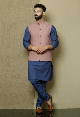 Set of 3:Ocean Blue Side Placket  Kurta and Pyjama with Muted Lavender Nehru Jacket