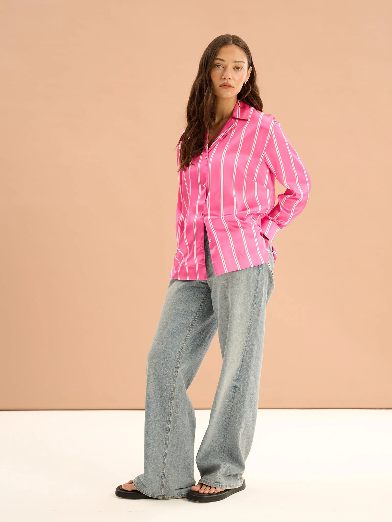 Shield Cerise Stripe Satin Boxy Shirt