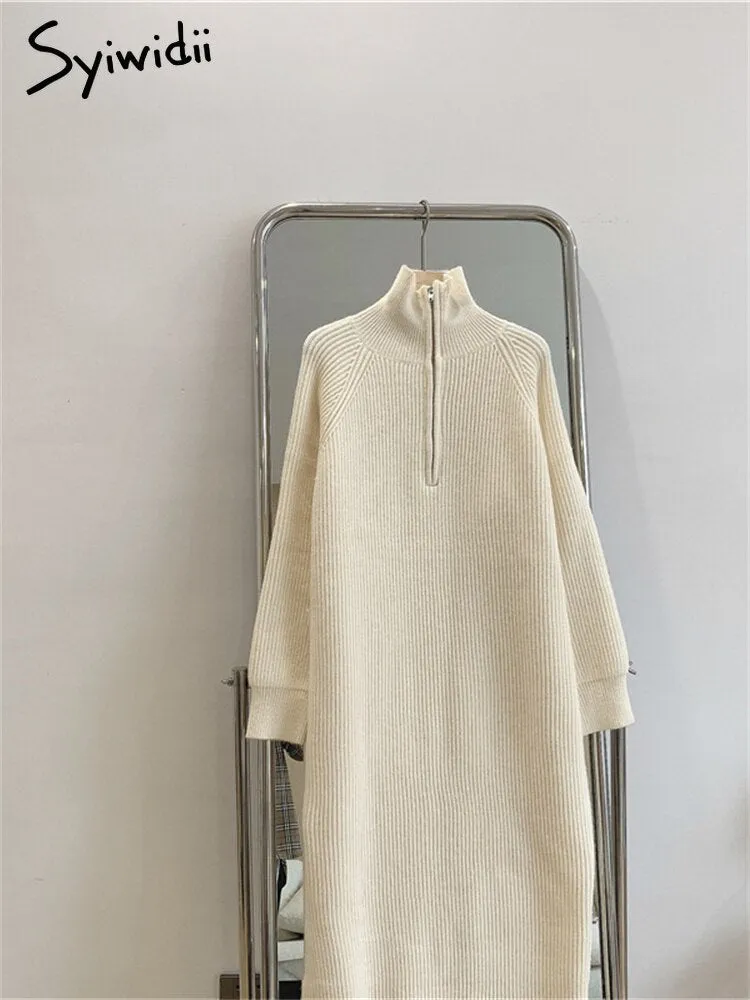 Syiwidii Autumn Winter Midi Dress Woman 2022 Warm Turtleneck Thicken Vintage Long Oversize Sweaters Dresses Casual Knitted Dress