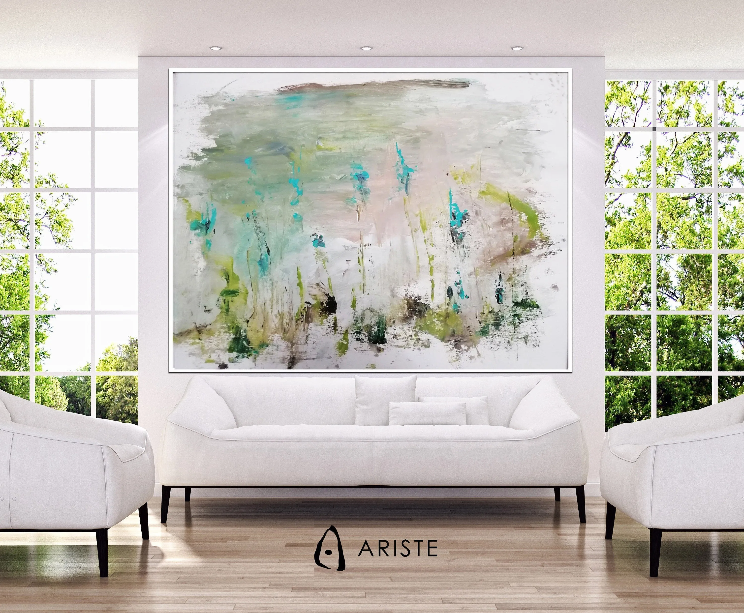 Teal & green large abstract floral paintings made to order in a custom size