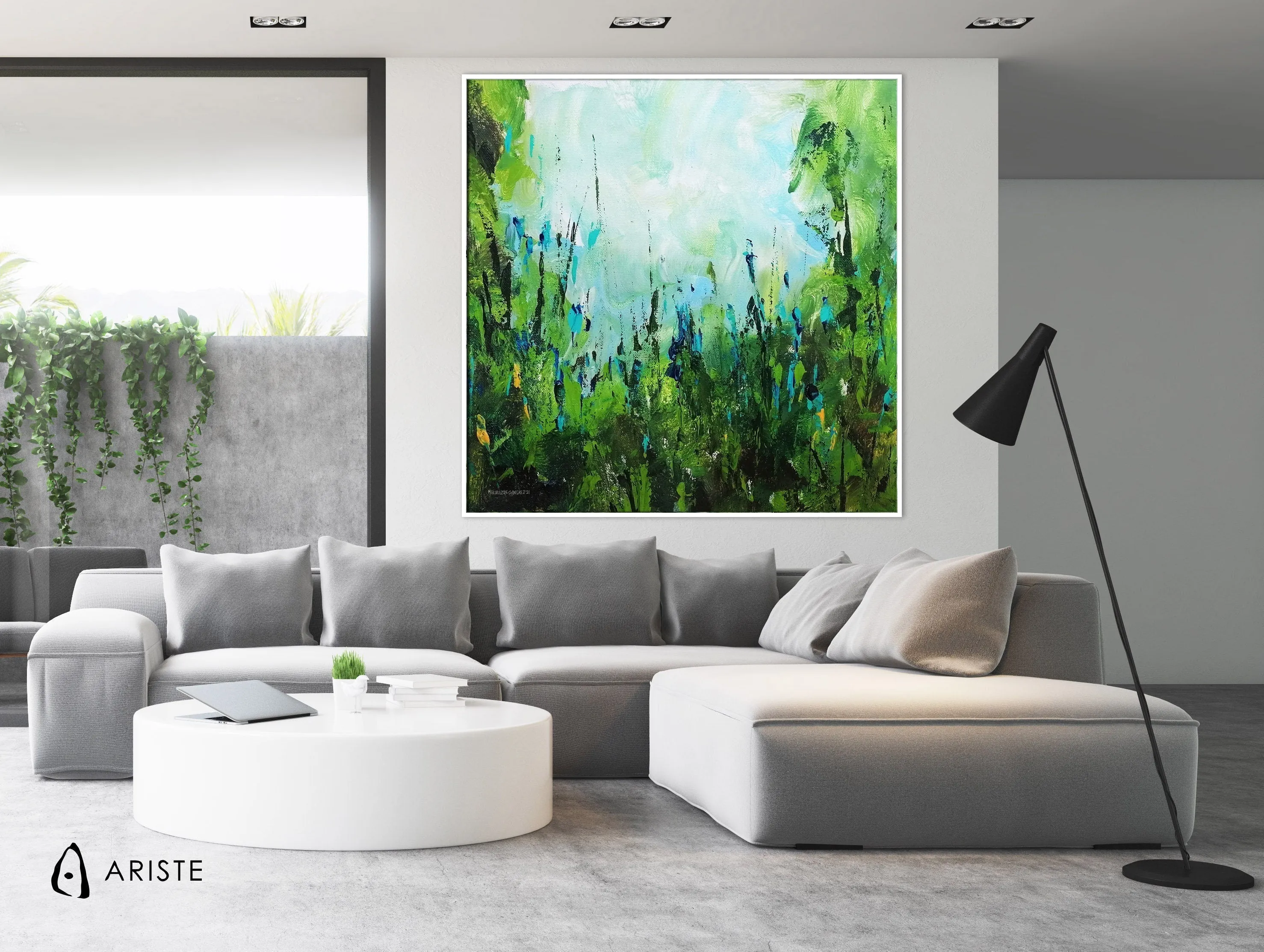 Teal blue & lime green large abstract floral painting made to order in a custom size