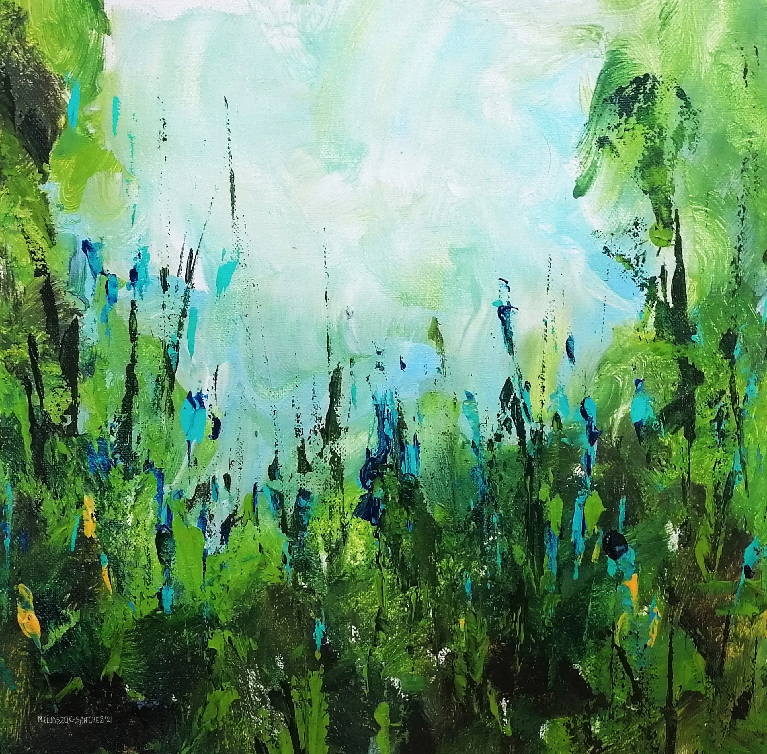 Teal blue & lime green large abstract floral painting made to order in a custom size