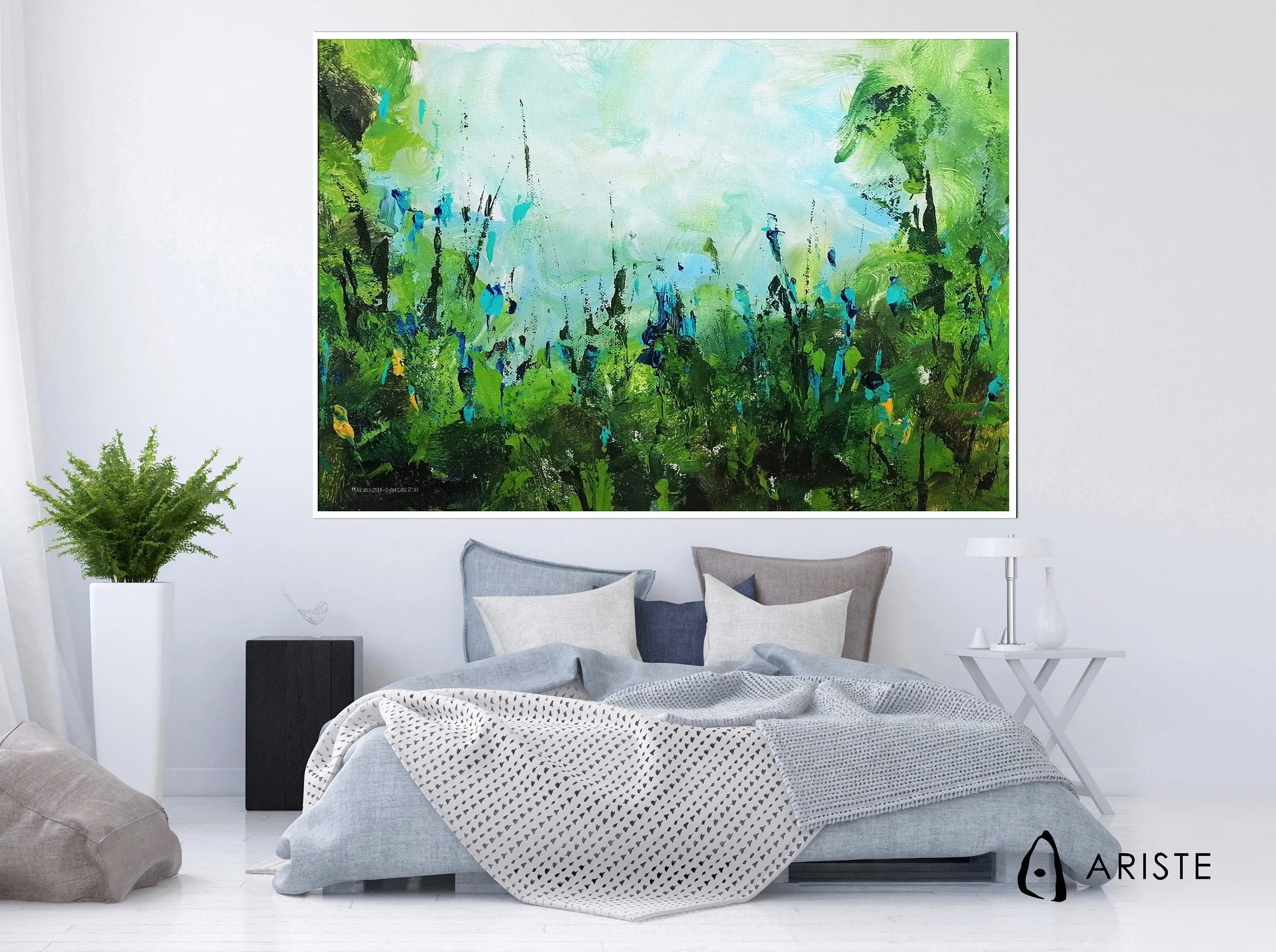 Teal blue & lime green large abstract floral painting made to order in a custom size