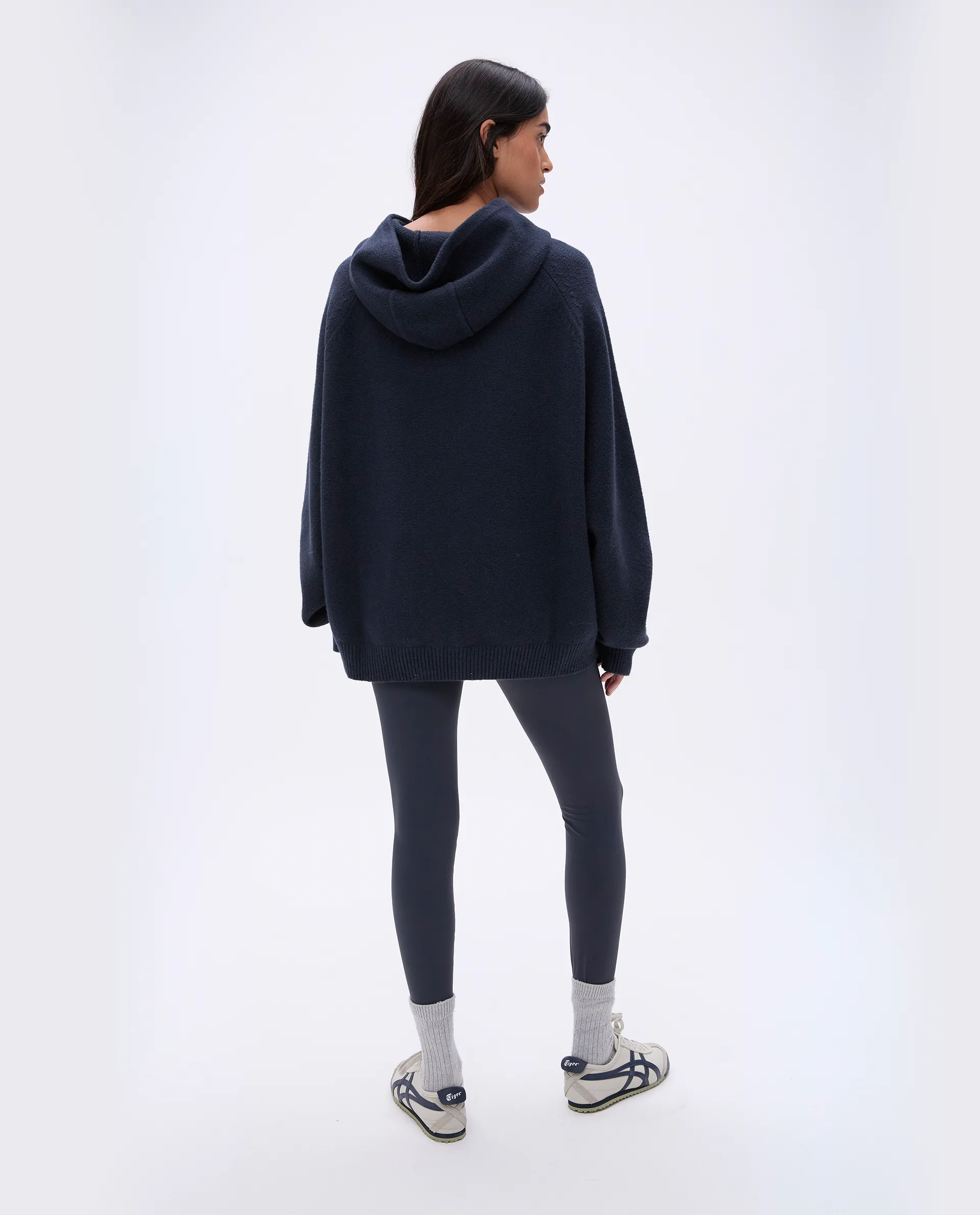 Varsity Oversized Knit Hoodie - Deep Midnight Blue/Cream