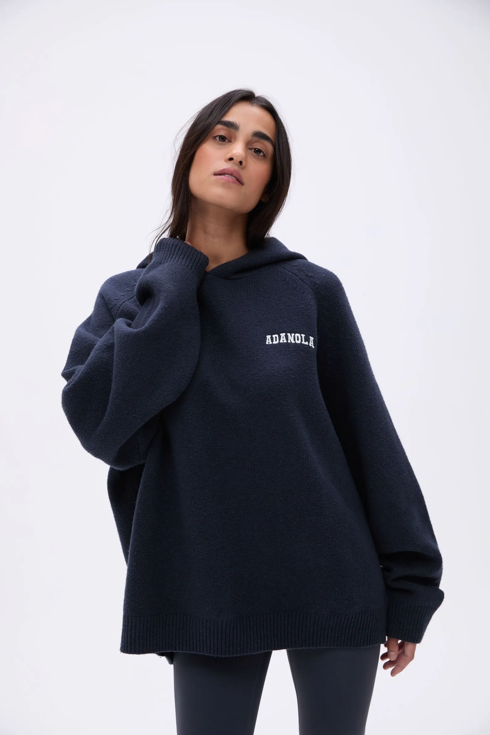 Varsity Oversized Knit Hoodie - Deep Midnight Blue/Cream