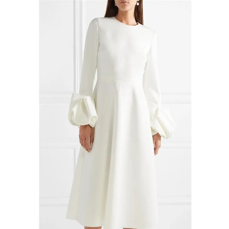 White Bubble Cuff Chiffon Dress for Women