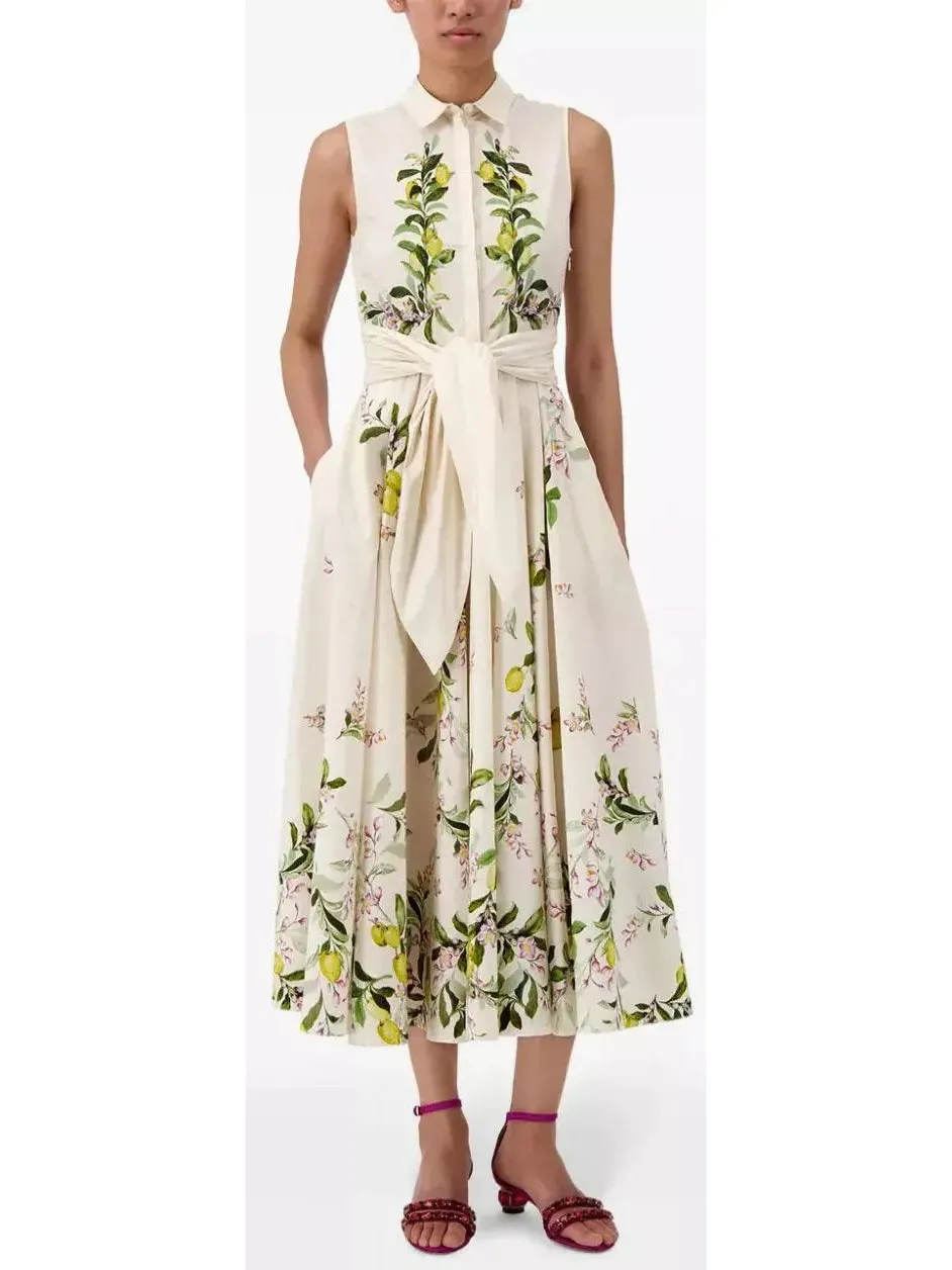 Women’s Belted Floral-Print Sleeveless Midi Dress