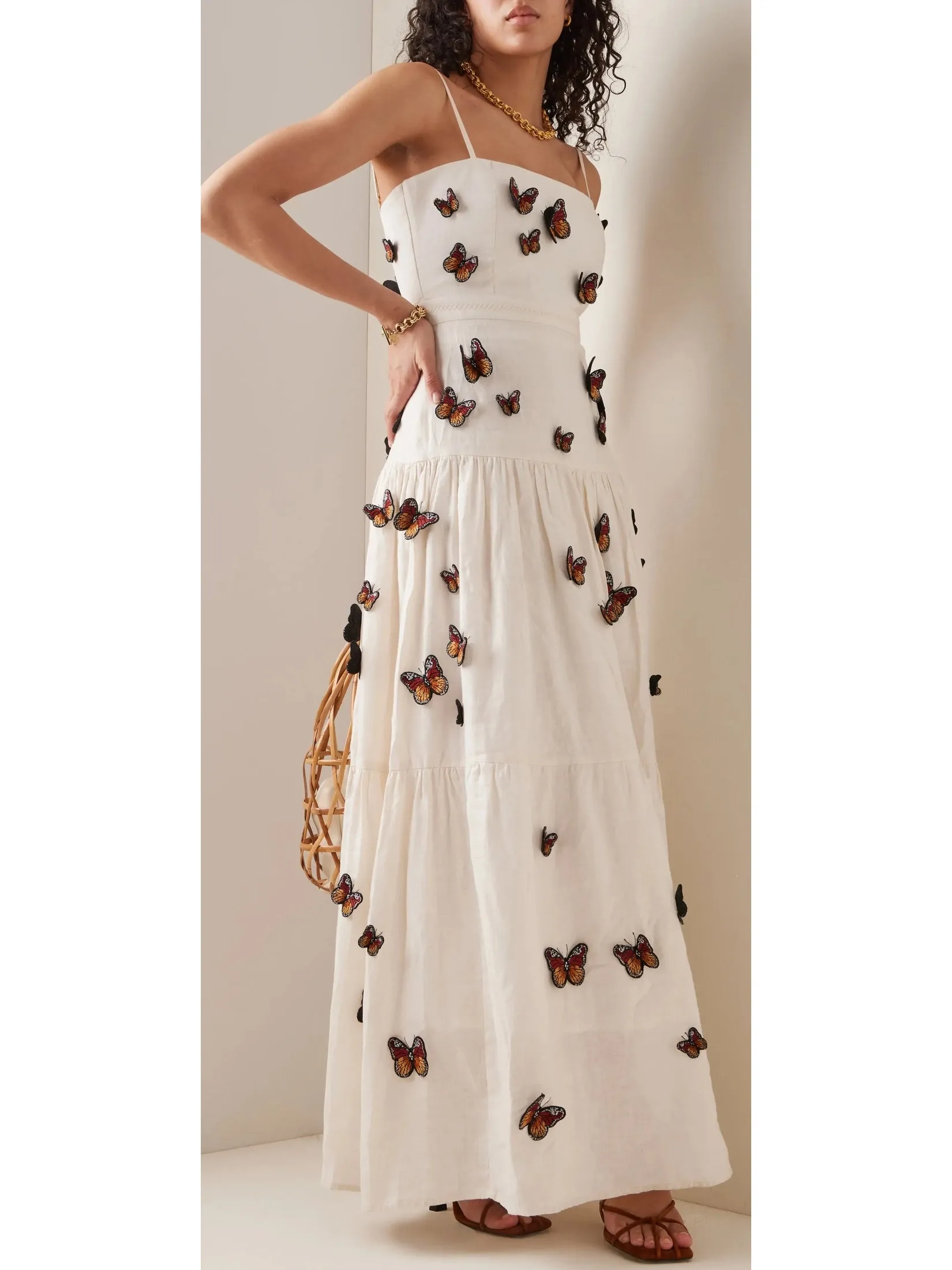 Women’s Butterfly Monarca Appliquéd Tiered Linen Dress