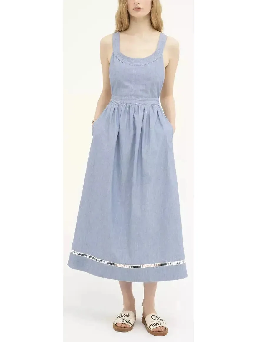 Women’s Denim Chambray Cotton Backless Dress