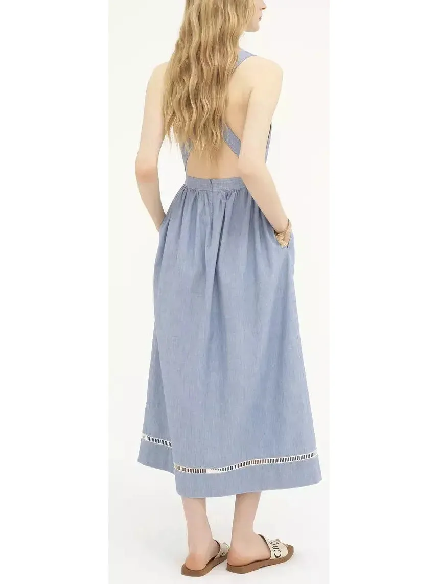 Women’s Denim Chambray Cotton Backless Dress