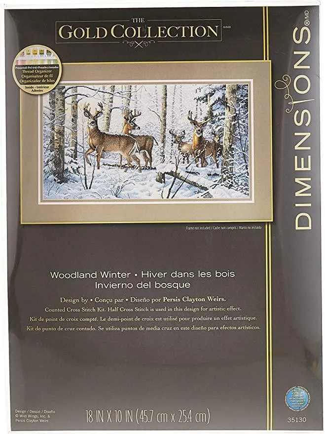 WOODLAND WINTER, Counted Cross Stitch Kit, 18 count white cotton Aida, DIMENSIONS, Gold Collection (35130)